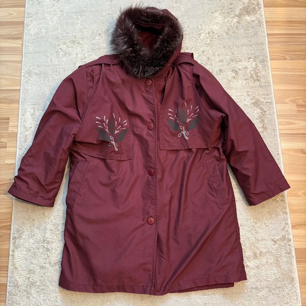 4 Saisons Canada Burgundy 3 in 1 Layer All Season Wool Fur Coat Size 14 - Picture 13 of 14